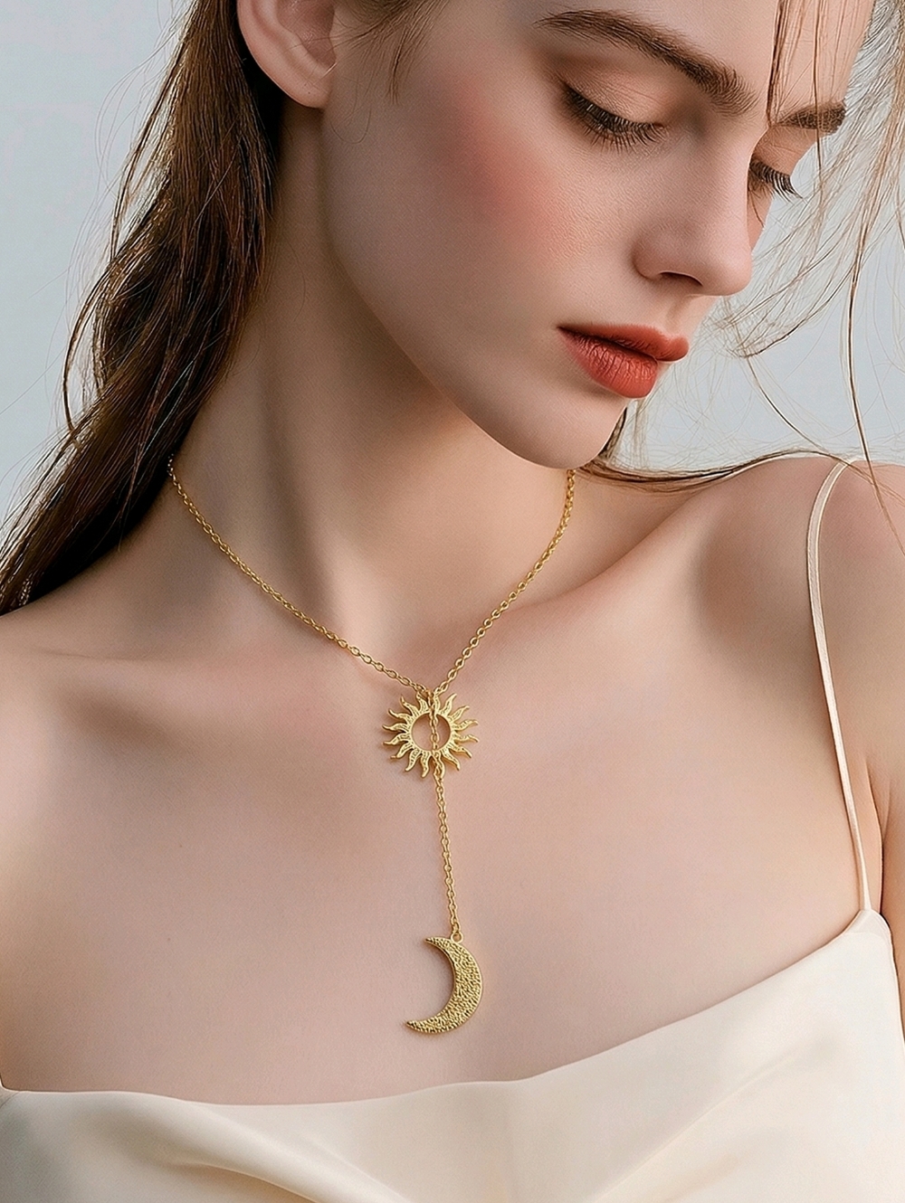 Gold Sun Moon Lariat Necklace Celestial Pendant Stainless Steel Quiet Luxury